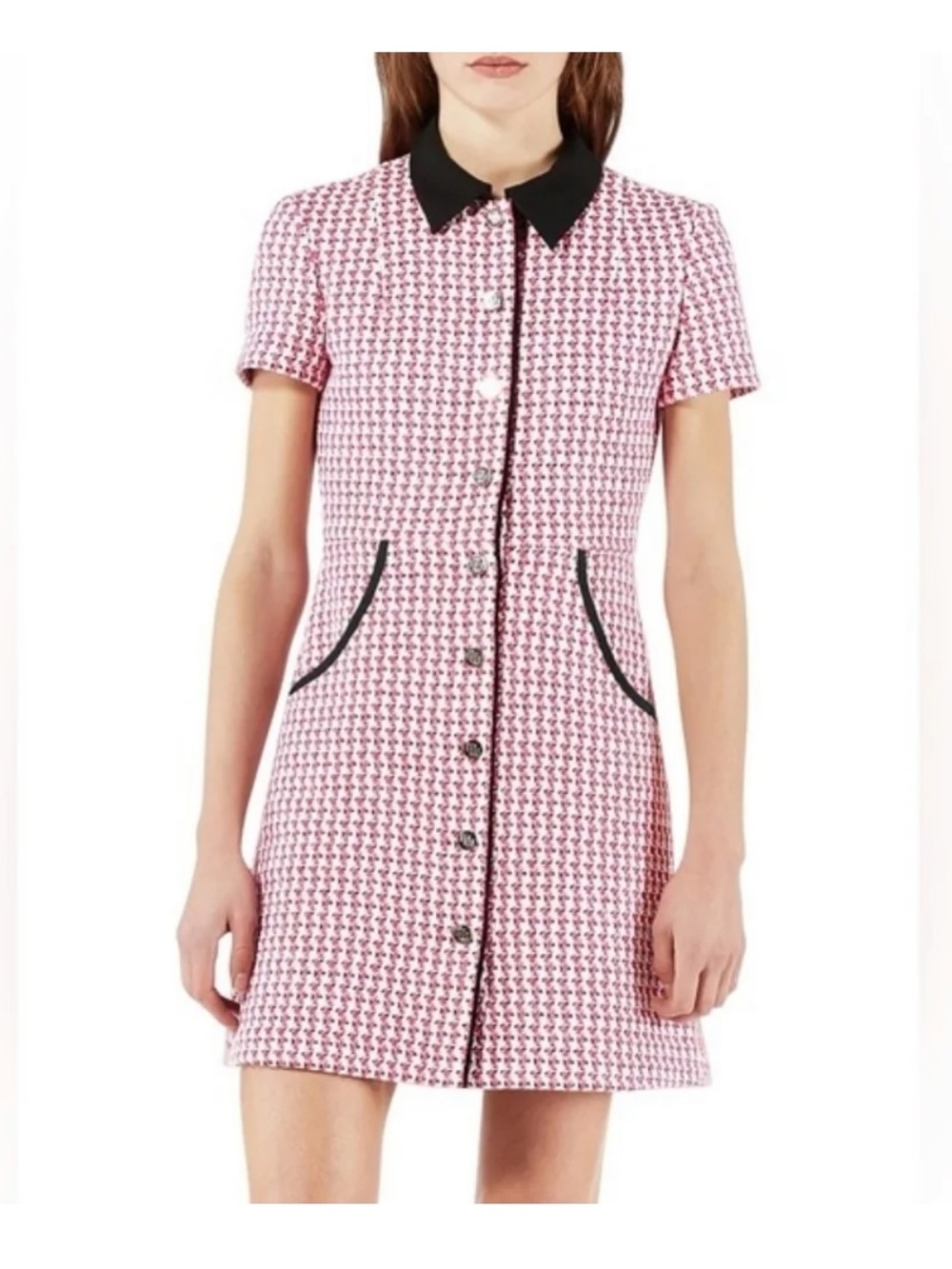 MAJE Pink Houndstooth Short Sleeve Shift Dress with Black Trim. NWT size 34 / S